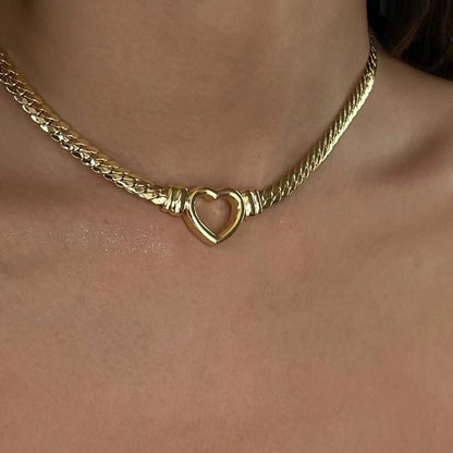 14k Gold Plated Cuban Chain Hollow Heart Necklace - gldplace