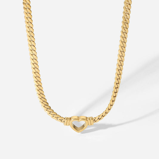 14k Gold Plated Cuban Chain Hollow Heart Necklace - gldplace