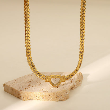 14k Gold Plated Cuban Chain Hollow Heart Necklace - gldplace