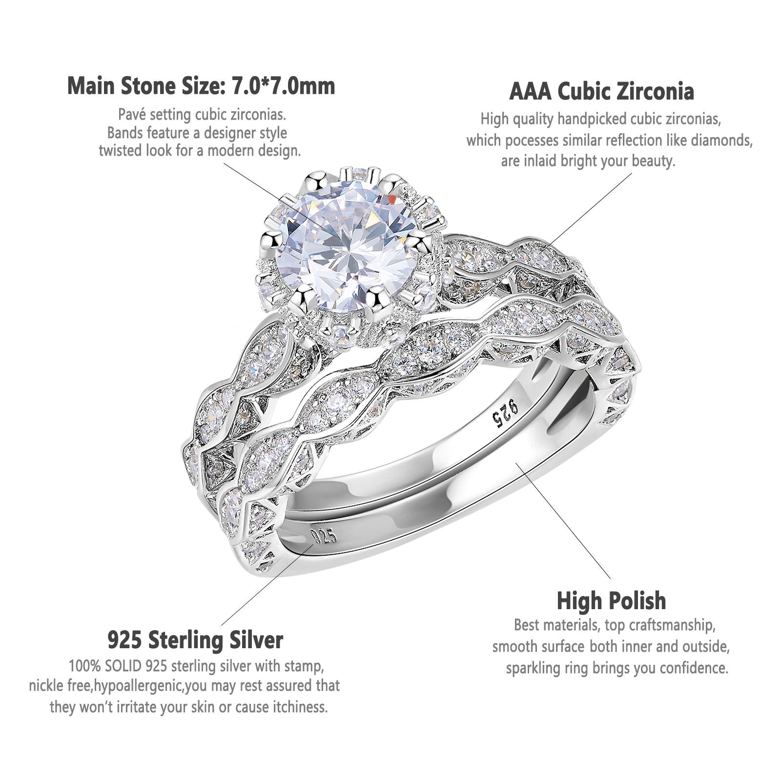 2.6Ct 2pcs Set 925 Sterling Silver Round Cut CZ - gldplace