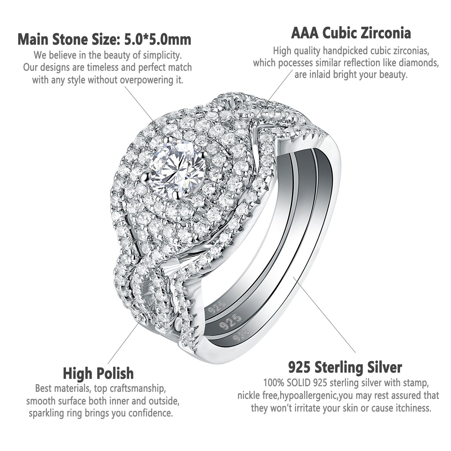 3 pcs 925 Sterling Silver Ring with White 5A CZ - gldplace