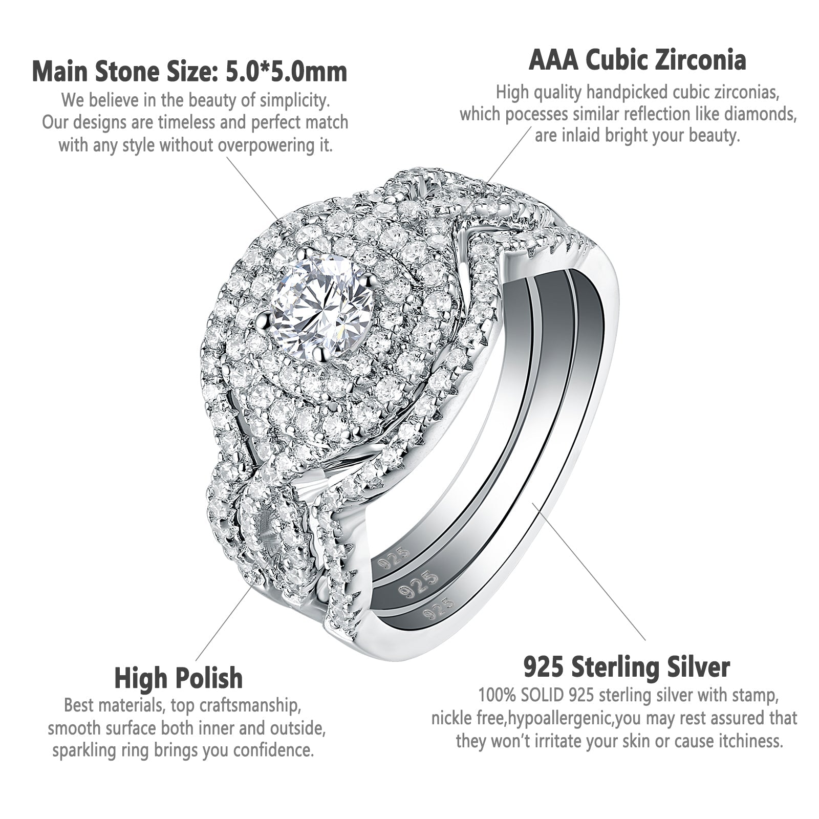 3 pcs 925 Sterling Silver Ring with White 5A CZ - gldplace