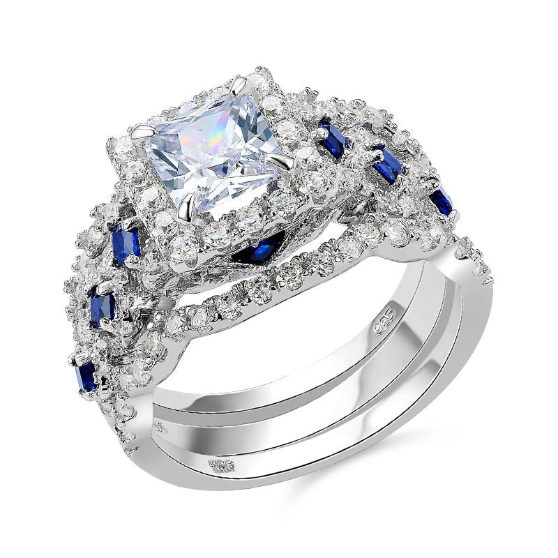 3 pcs Set Brilliant Royal Blue CZ in Prong Setting Wedding Ring - gldplace