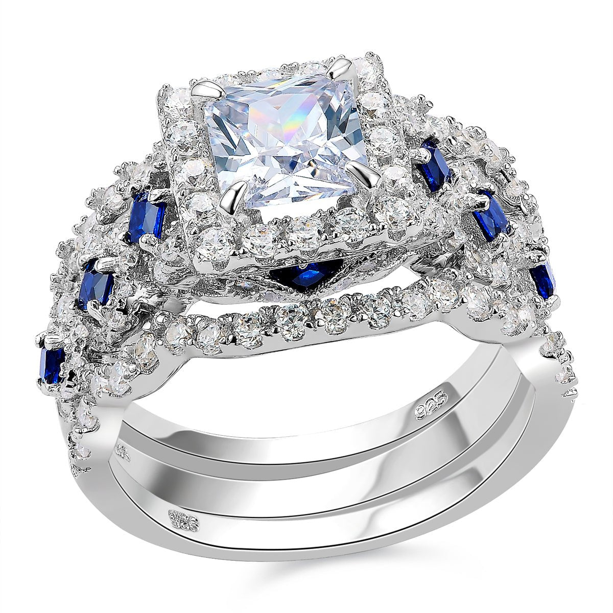 3 pcs Set Brilliant Royal Blue CZ in Prong Setting Wedding Ring - gldplace