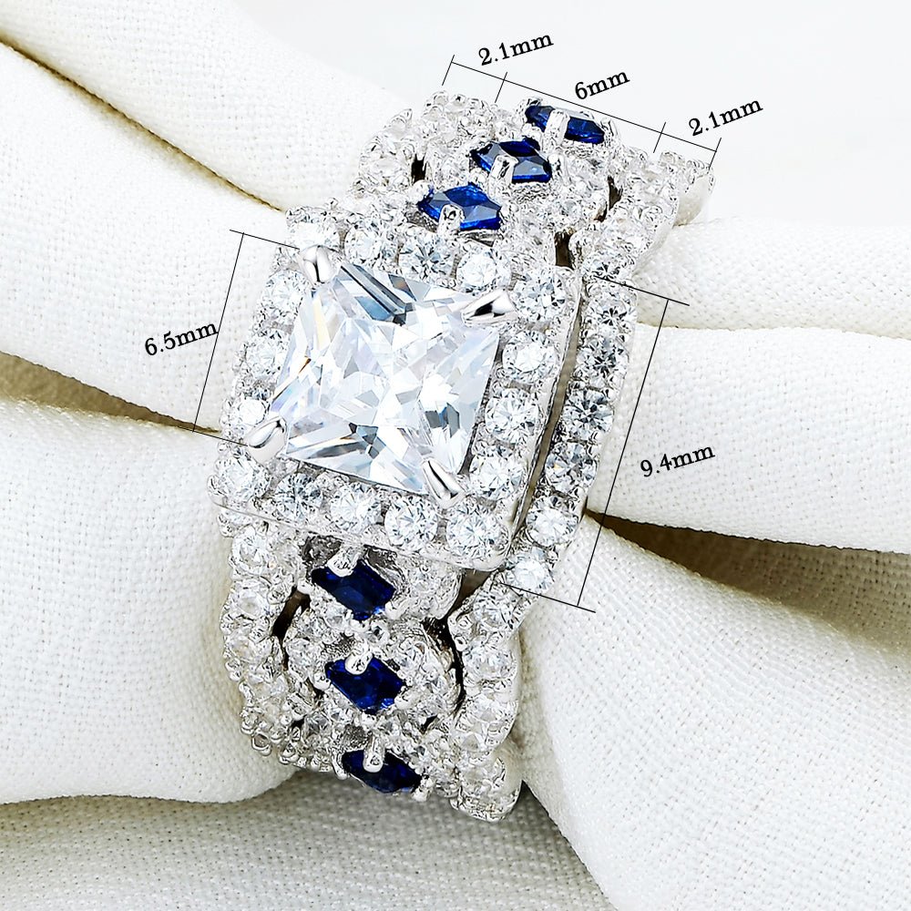 3 pcs Set Brilliant Royal Blue CZ in Prong Setting Wedding Ring - gldplace