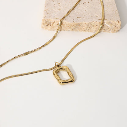 Double-Layer Hammer Hollow Square Pendant Necklace - gldplace