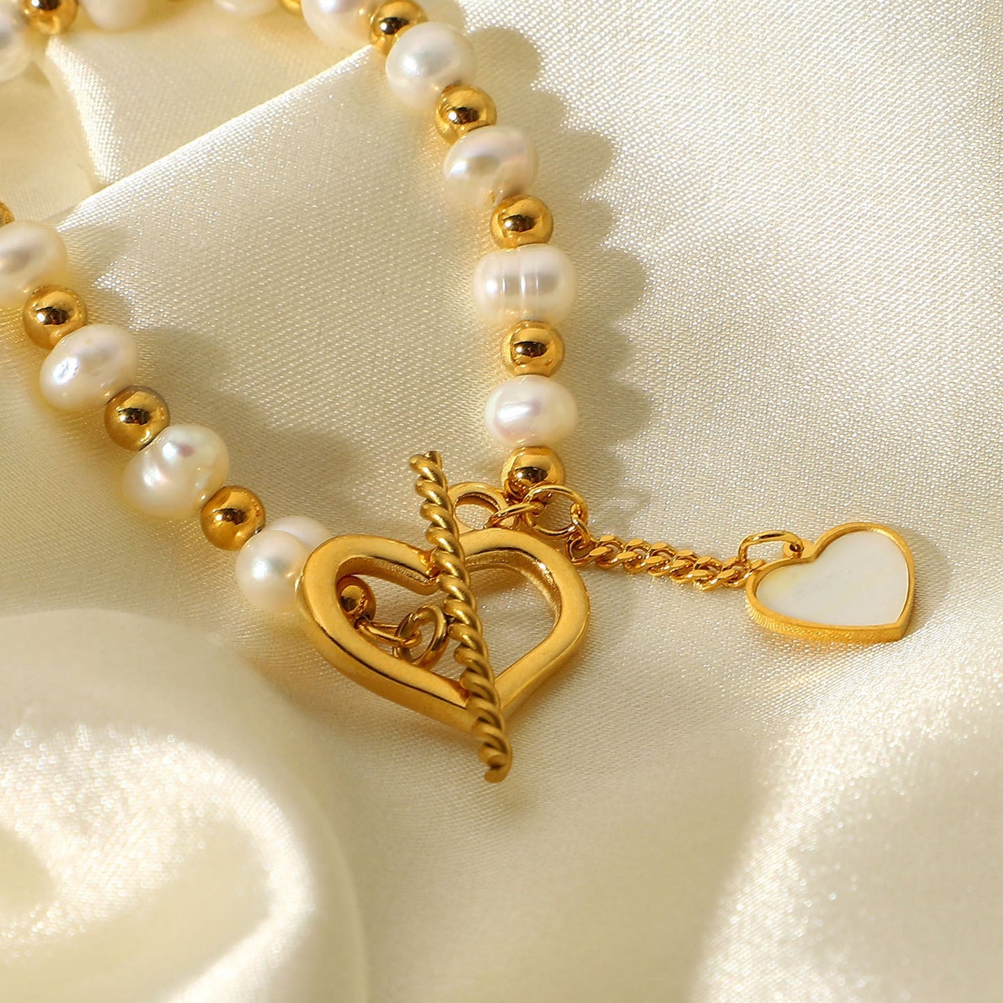 Pearl beads Shell Heart Charm OT Bracelet - gldplace