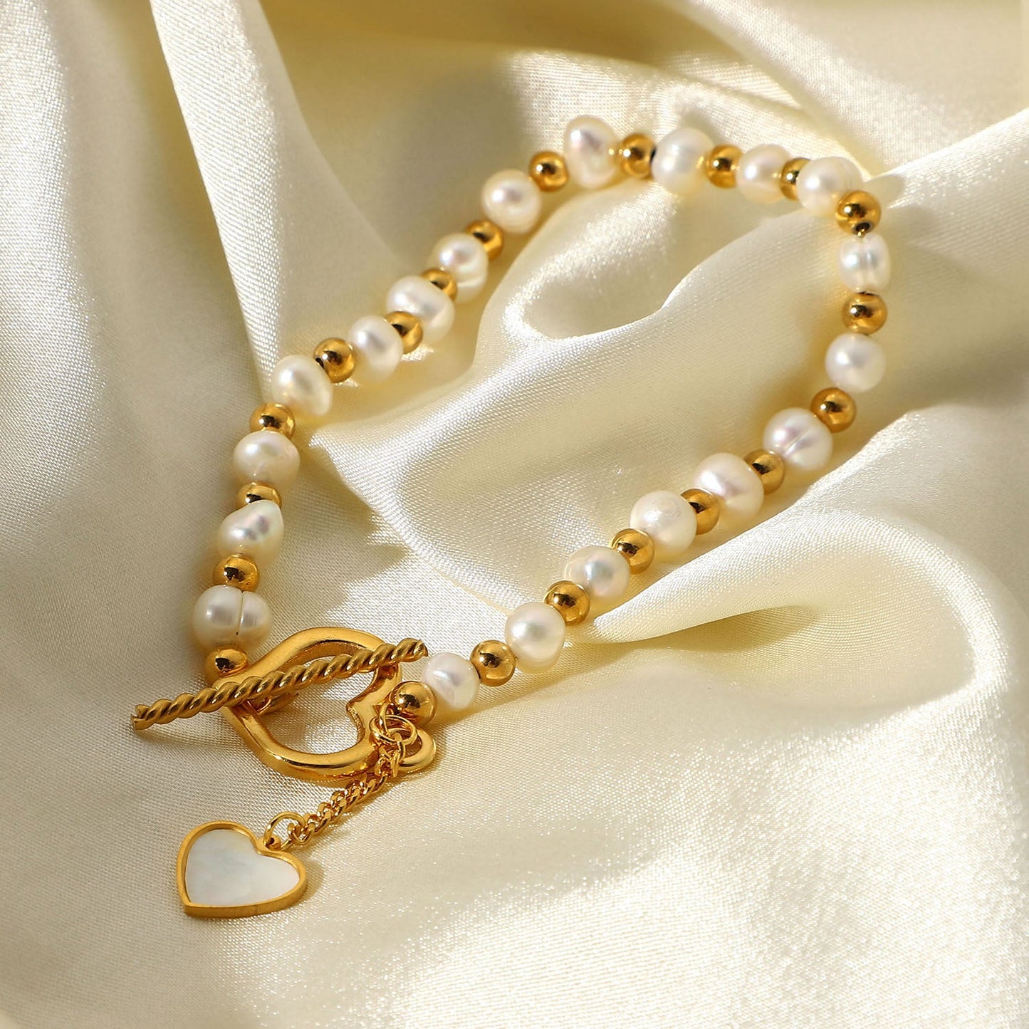 Pearl beads Shell Heart Charm OT Bracelet - gldplace